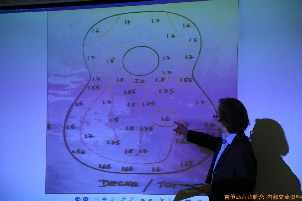 布劳恩大师在讲解过程中也展示了不少珍贵的图片。此图为Santos Hernandez 1912年吉他的面板厚度分布图 ...